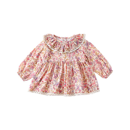 Conjunto de ropa de primavera para bebés y niñas con top y pantalones cortos con cuello con volantes florales 