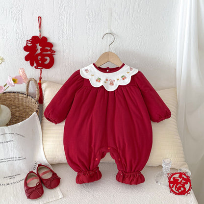 Winter New Arrival Baby Girls Cute Rabbits and Fruits Embroidered Pattern Warm Padded Thick Romper