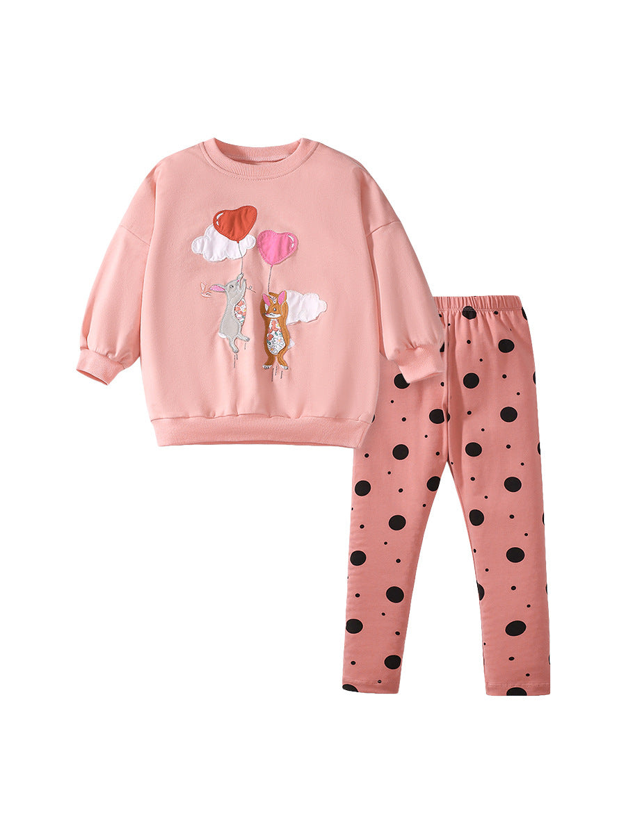 Spring and Autumn Girls Cartoon Rabbit and Balloon Pattern Long Sleeves Crew Neck Top Sweatshirt and Polka Dots Pants Clothing Set