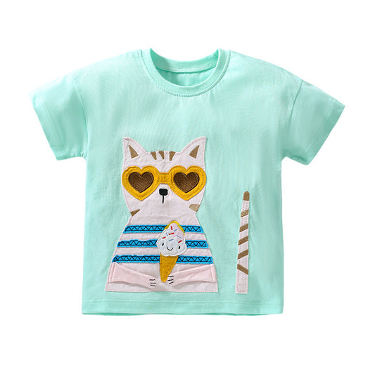 Colección de ropa de verano para niñas: camiseta infantil con estampado de gato y dama de moda 