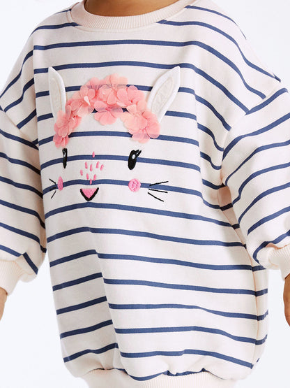 Spring And Autumn Girls Cartoon Rabbit And Striped Pattern Long Sleeves Crew Neck Top Sweatshirt And Pants Clothing Set