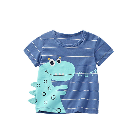 Camiseta de manga corta a rayas con estampado de dibujos animados de dinosaurios para niños en estilo europeo y americano para el verano 