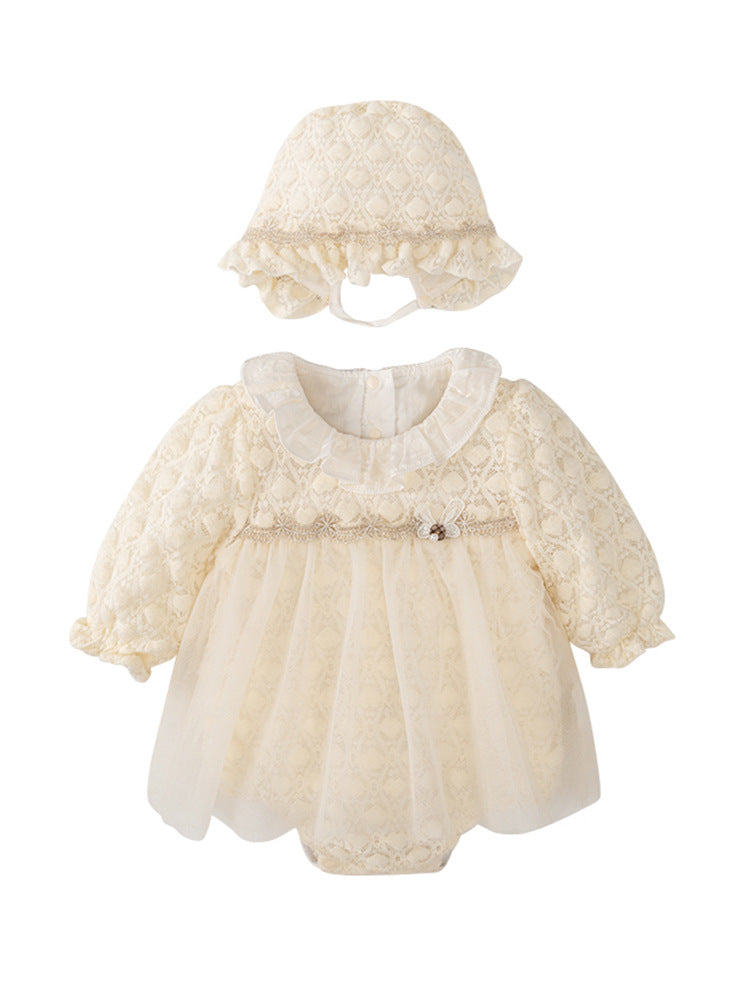 Vestido de tul de otoño con diseño nuevo para niñas pequeñas, mono de manga larga con estampado geométrico y de corazones en color beige, con cuello princesa y sombrero 