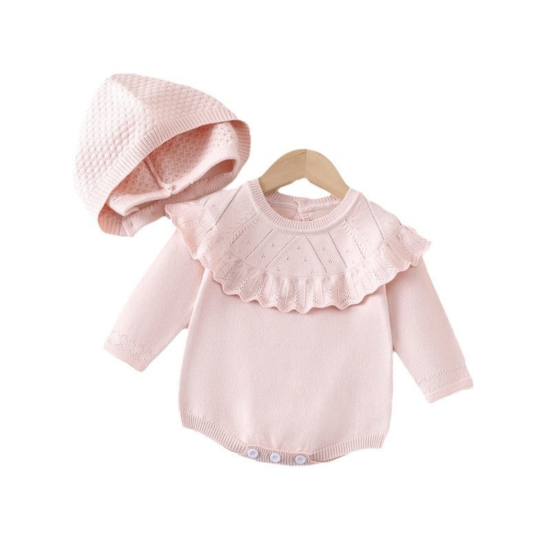 Autumn New Design Baby Girls Solid Color Long Sleeves Hollow Out Big Collar Knitted Onesies And Hat