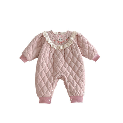 Winter Arrival Baby Girls Simple Rabbit Embroidered Pattern Warm Padded Thick Romper