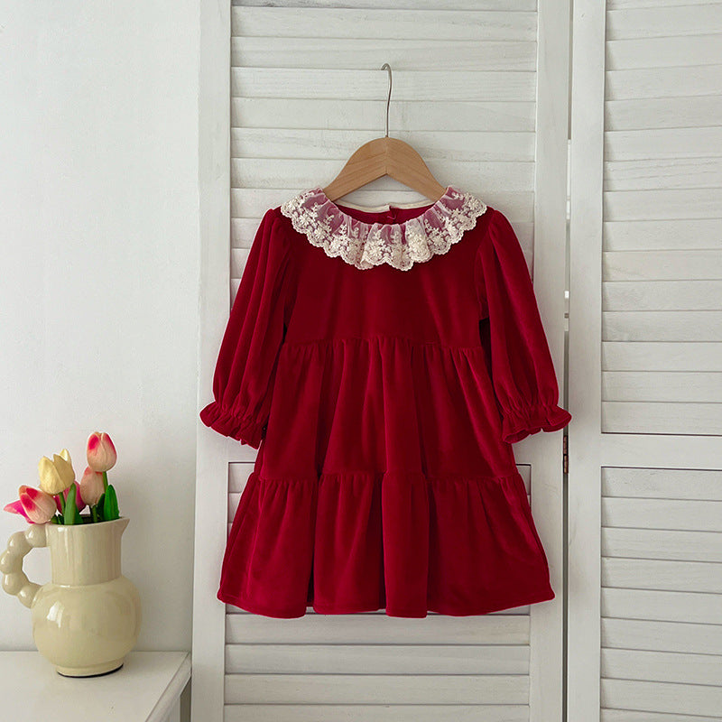 Conjunto de otoño para niñas pequeñas, con cuello de encaje y retazos, manga larga, mono y vestido – Conjunto a juego para princesas y hermanas 