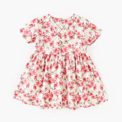 Summer New Arrival Baby Girls Elegant Floral Pattern Short Sleeves V Neck Dress