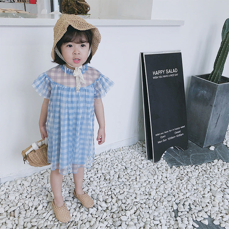 New Design Summer Baby Kids Girls Light Plaid Pattern Short Sleeves Mesh Dress