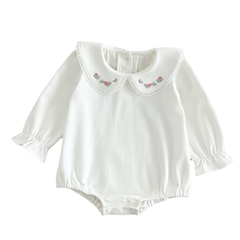 Spring Arrival Baby Girls Long Sleeves Floral Embroidered Peter Pan Collar Onesies