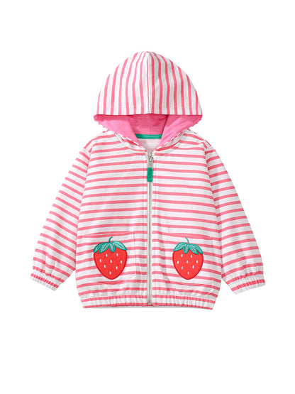 Sudadera con capucha y cremallera con estampado de rayas y dibujos animados de fresas para niñas recién nacidas 