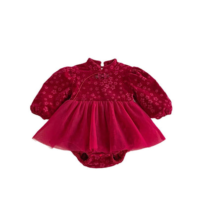 Winter Arrival Baby Girls Cute Floral Embroidered Red Long Sleeves Tulle Onesies