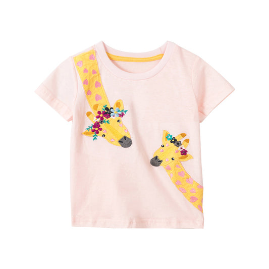 Girls’ Cartoon Floral Giraffes Pattern Short Sleeves T-Shirt In European And American Style For Summer