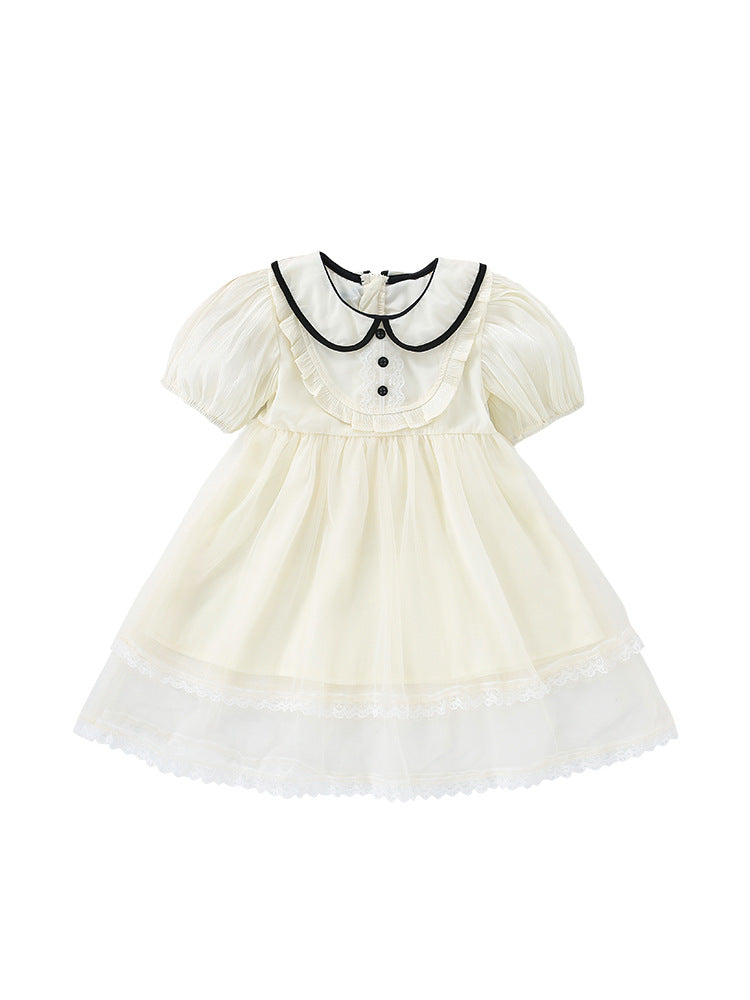 Summer New Arrival Girls’ Solid Color Embroidery Short Sleeves Preppy Dress