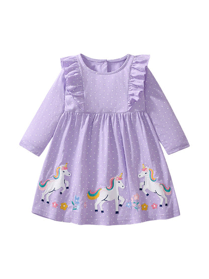 Design Autumn Girls Unicorn Cartoon And Dots Pattern Crew Neck Long Sleeves Princess Dress