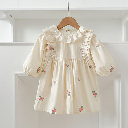 Conjunto de otoño para niñas y bebés, mono y vestido con cuello francés y estampado floral bordado de manga larga – Conjunto a juego para princesas y hermanas 