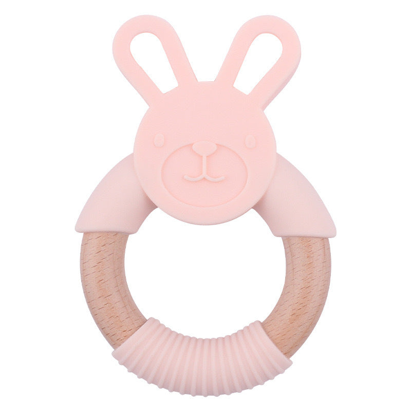 Baby Food-Grade Teething Rattle, Teething Aid for Babies, Wooden and Silicone Rabbit Teething Bracelet