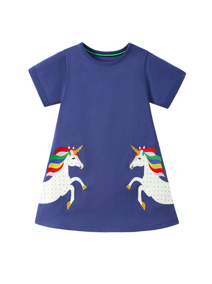 European and American Style Short Sleeve Horse Pattern Princess Dress for Girls, Summer Dress for Toddlers and Young Children