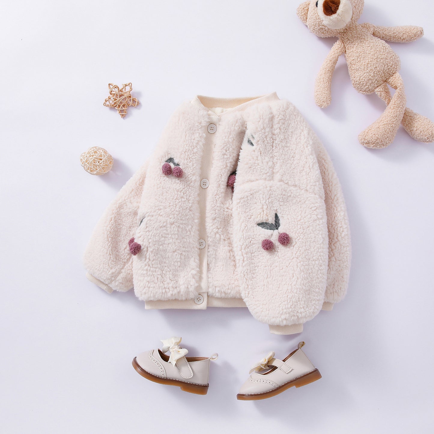 Autumn and Winter New Arrival Girls Fleece Comfortable Long Sleeves Cherry Pattern Top Casual Sweater