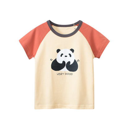 Panda Clapping Printing Girls’ Patchwork T-Shirt For Summer