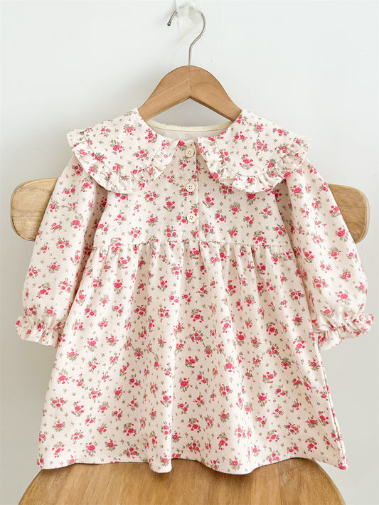 Spring and Autumn Stylish Floral Print Long-sleeved Dress with Collar for Girls