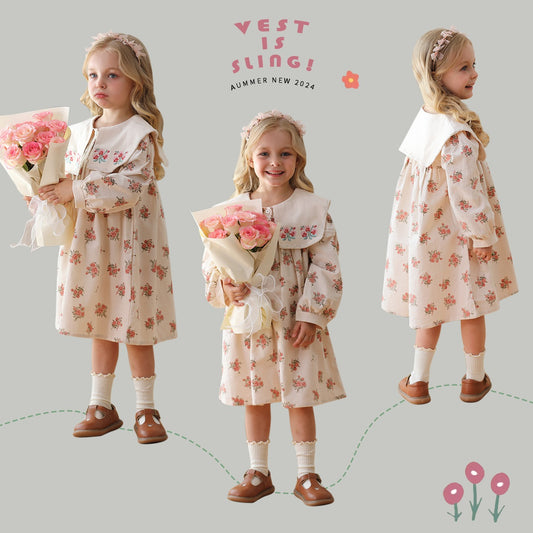 Vestido de cuello cuadrado y mangas largas con diseño floral de moda para niñas de otoño