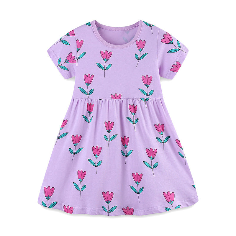 Summer New Arrival Girls’ Purple Flowers Pattern Short Sleeves Dress