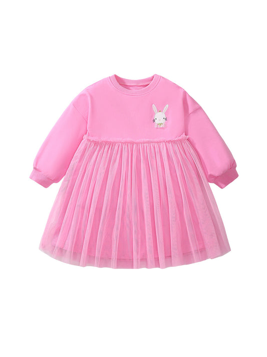 Vestido de princesa de tul rosa con cuello redondo y mangas largas con logo de conejo de dibujos animados para niñas de otoño 