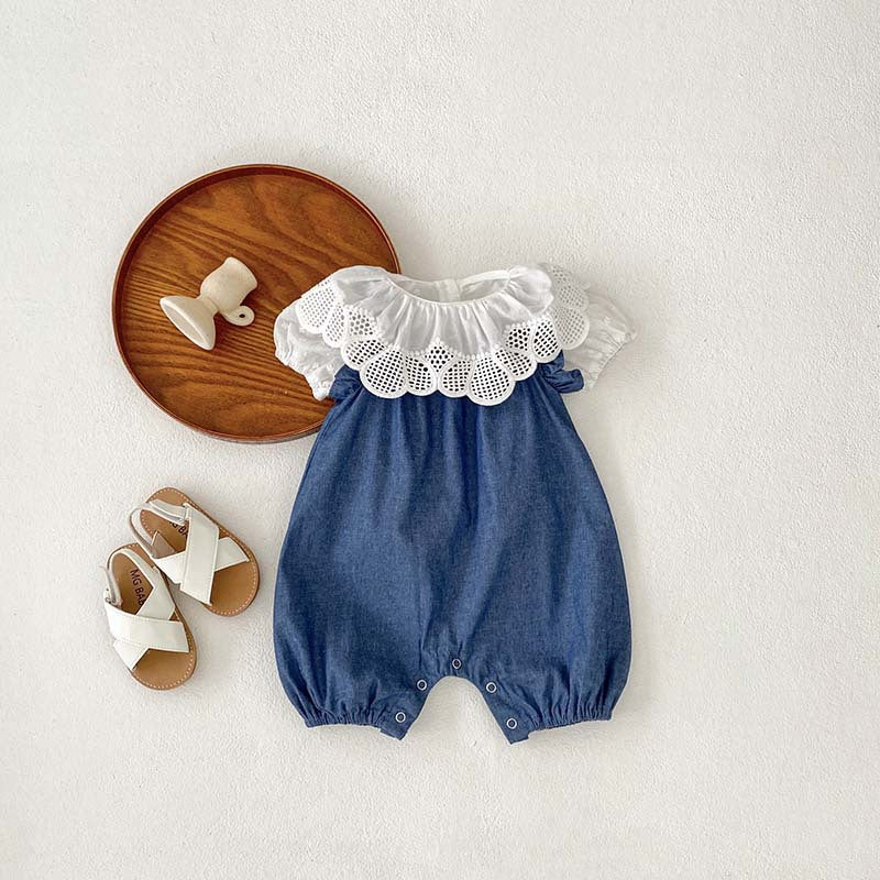 Baby Girl Solid Color Ruffle Design Denim Sleeveless Strap Bodysuit Onesies
