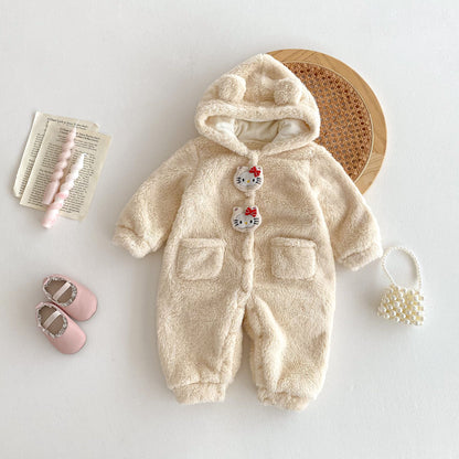 Winter New Arrival Baby Cute Teddy Hooded Design Warm Fleece Rompers