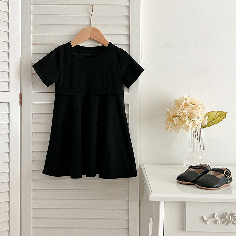 Vestido ajustado de manga corta de color negro liso para niñas de gran venta de verano 