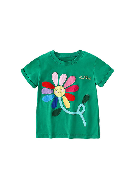 Camiseta de manga corta con estampado de dibujos animados de girasoles para niñas en estilo europeo y americano para el verano 