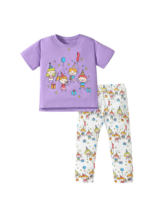 Summer Baby Kids Cartoon Pattern T-shirt and Pants 2-Piece Clothing Set for Girls