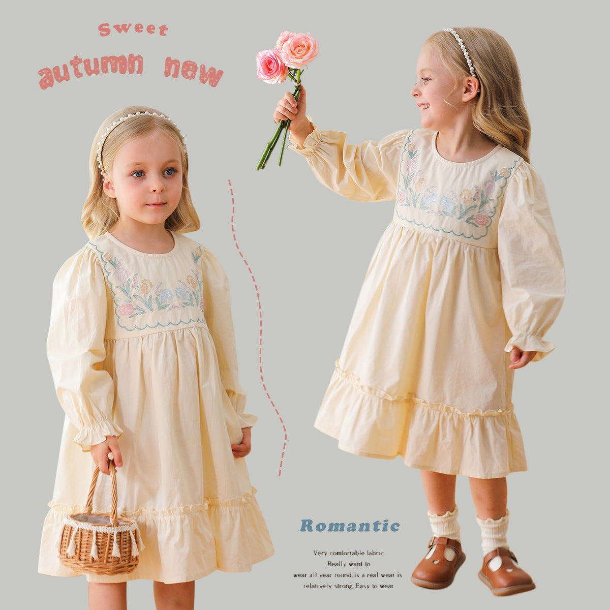 Arrival Autumn Girls French Style Crew Neck Long Sleeves Floral Embroidery Pattern Dress