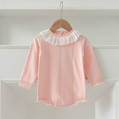 Autumn New Design Baby Girls Long Sleeves Hollow-out Striped Pattern with Cute Collar Onesies