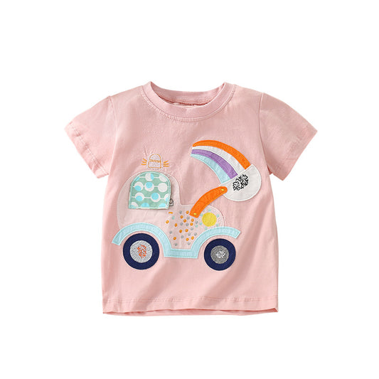 Girls’ Cartoon Rainbow Digger Pattern Short Sleeves T-Shirt In European And American Style For Summer