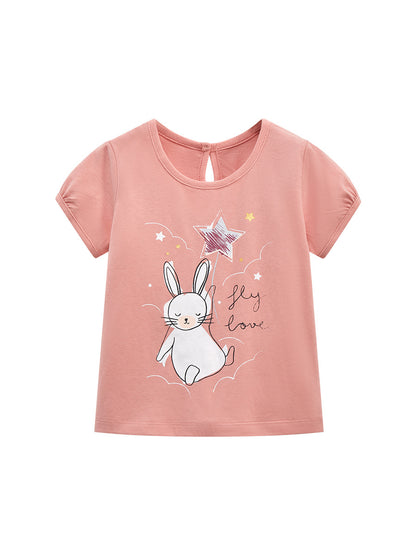 Camiseta de cuello redondo con dibujo de conejo para niña en estilo europeo y americano para verano