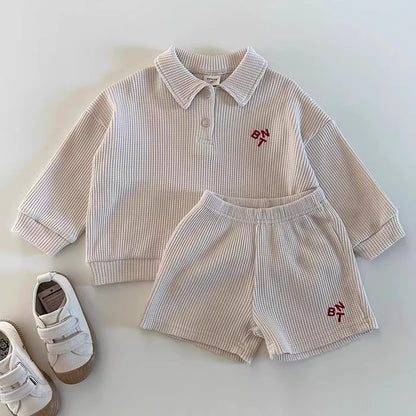 Autumn New Arrival Baby Kids Unisex Casual Simple Versatile Long Sleeves Top Polo Shirt And Shorts, Clothing Set