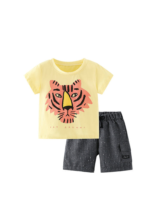 Summer Baby Kids Boys Tiger Animals Cartoon Print T-Shirt And Striped Shorts Clothing Set