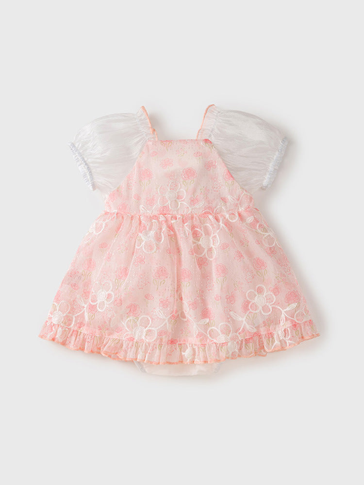 Summer New Dress Design Baby Girls Pink Flowers Pattern And Embroidery Short Sleeves Square Neck Sweet Cute Onesies