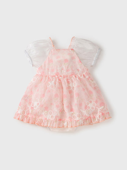 Summer New Dress Design Baby Girls Pink Flowers Pattern And Embroidery Short Sleeves Square Neck Sweet Cute Onesies