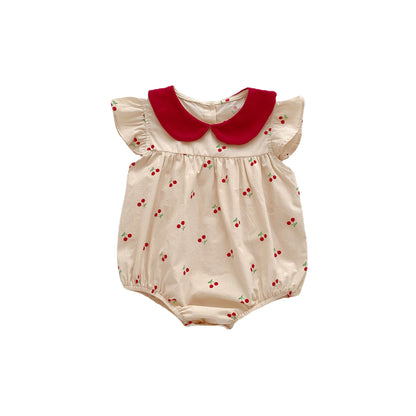 Summer Thin New Arrival Baby Girls Cherry Print Fly Sleeves Peter Pan Collar Onesies