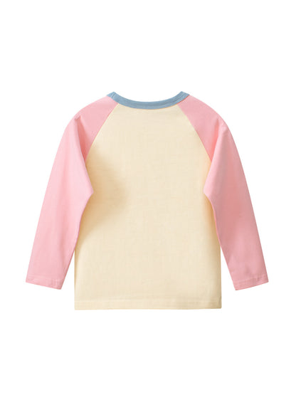 Autumn New Arrival Kids Girls Teddy Cartoon Print Crew Neck Long Sleeves Color Patchwork Shirt