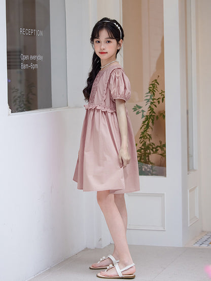 Hot Selling Summer Kids Girls Simple Style Solid Color Plain Cotton Short Sleeves Hollow Out Trim Dress