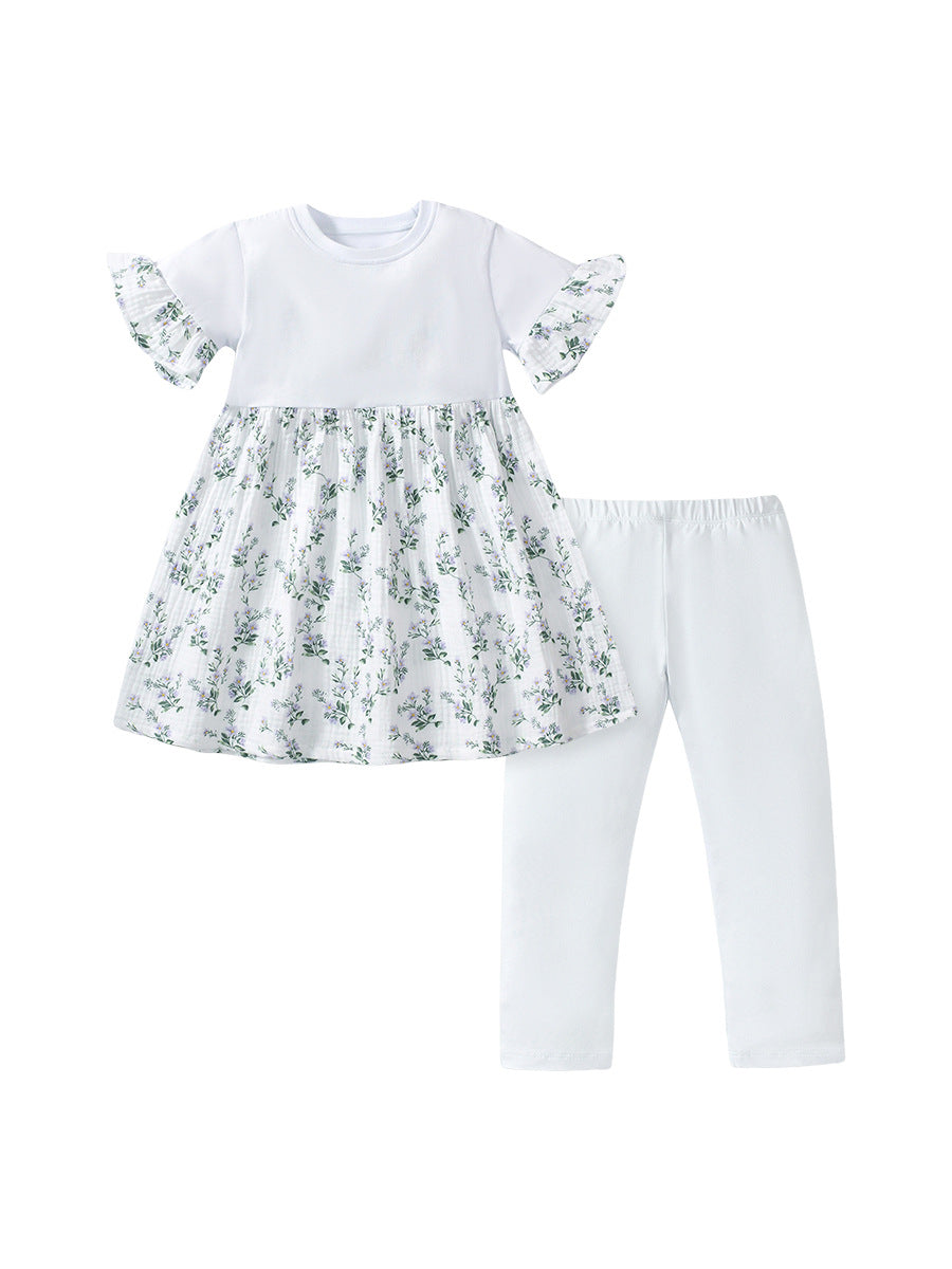 Summer Baby Kids Girls Floral Print Patchwork Dress And White Pants Clothing Set