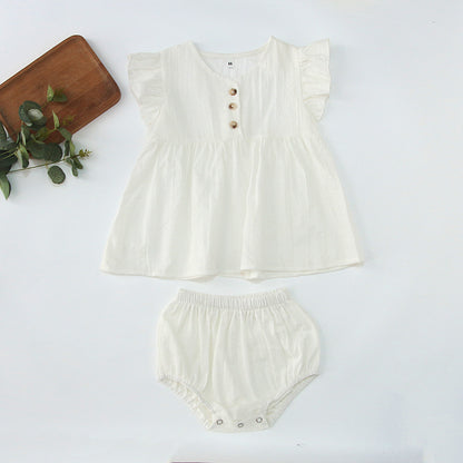 Summer Hot Selling Baby Girls Fly Sleeves Solid Color Top Dress And Bloomers Clothing Set