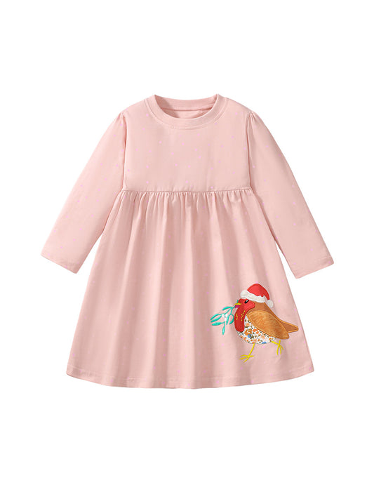 High Quality Autumn Girls Long Sleeves Sparrow Bird Pattern Crew Neck Long Sleeves Dress