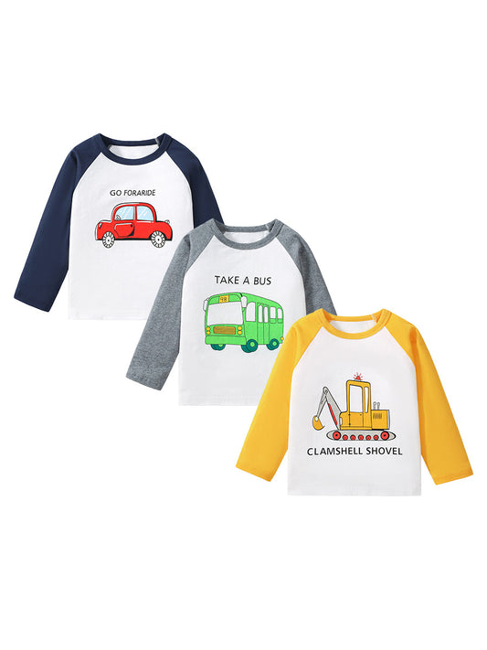 New Arrival Kids Boys Cartoon Print Crew Neck Long Sleeves Color Patchwork Top