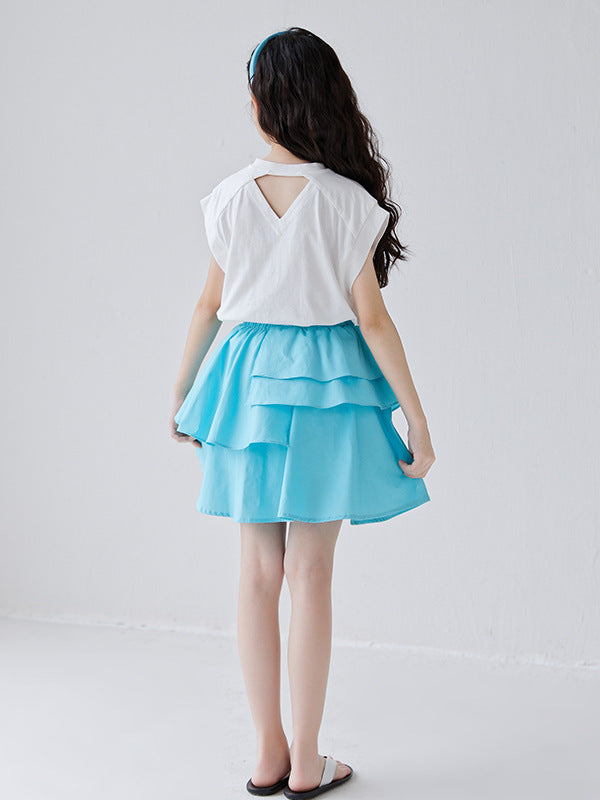 Summer Hot Selling Girls Letters Pattern Sleeveless T-Shirt And Solid Color Pleated Skirts Clothing Set