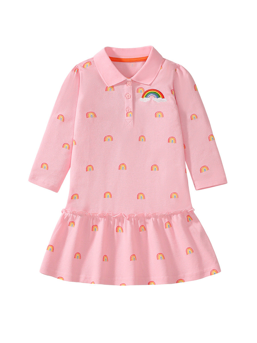 Best Selling Autumn Girls Rainbow Pattern Turn-down Collar Long Sleeves Polo Dress