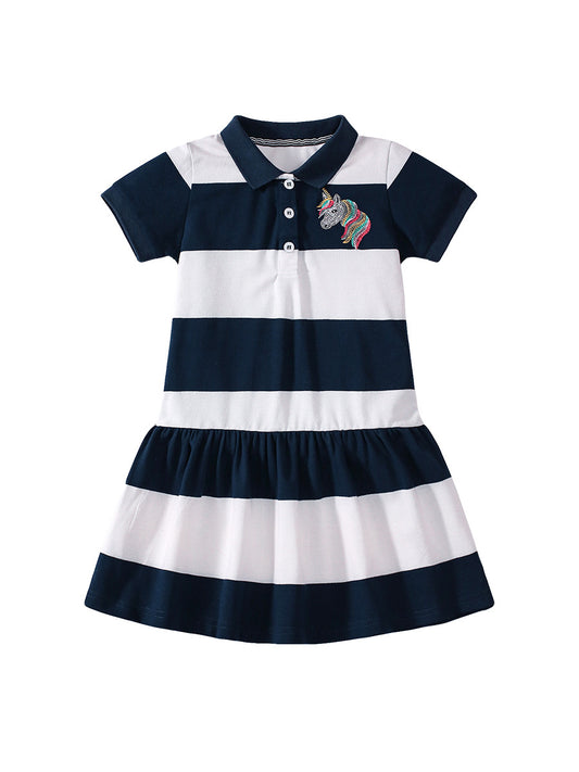 Summer Unicorn Logo Short-sleeved Striped Dress with Crew Neck for Stylish Girls